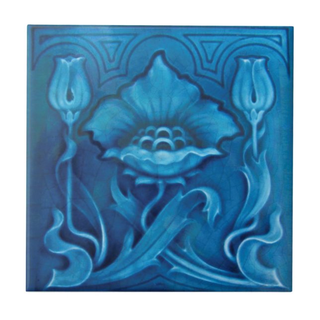 Azulejo Repro Art Noveau Cerulean Blue Floral Majolica (Frente)