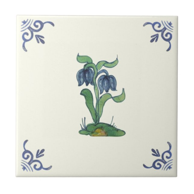 Azulejo Repro Blue Tulips Delft pintado a mano (Frente)