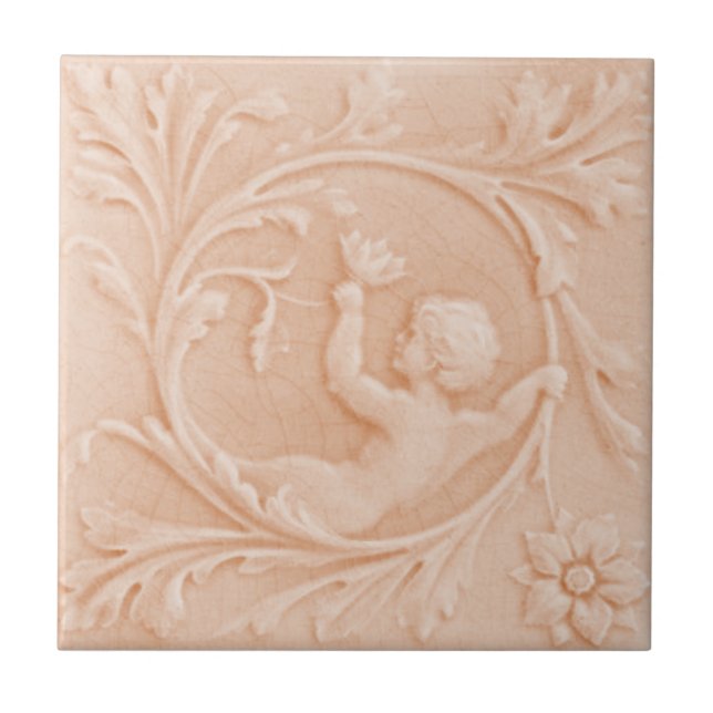 Azulejo Repro c1880 Minton Faux Relief Cherub Peach (Frente)