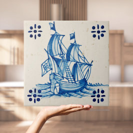Azulejo Repro Deftware Sail Ship Blue Delft Tile