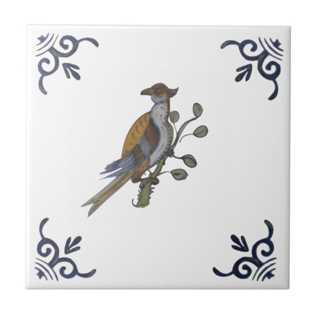 Azulejo Repro Delft Bird en una sucursal con bayas en mosa (Frente)