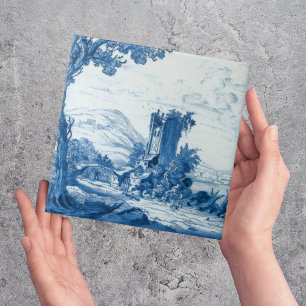 Azulejo Repro Delft Blue and White Tile River Scene