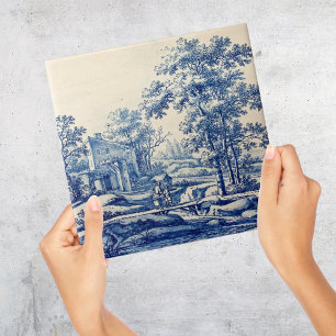 Azulejo Repro Delft Blue and White Tile River Scene