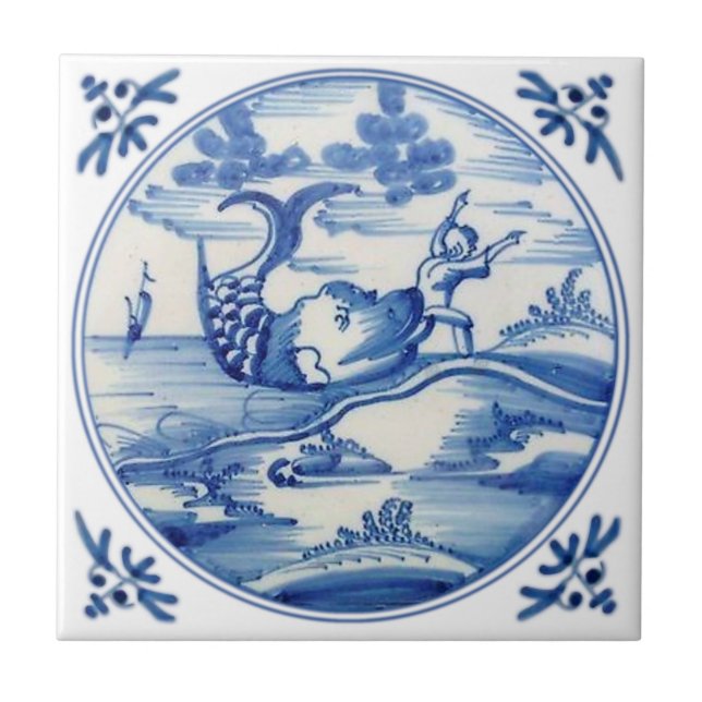 Azulejo Repro Delft: Jonás bíblico y la ballena de los año (Frente)