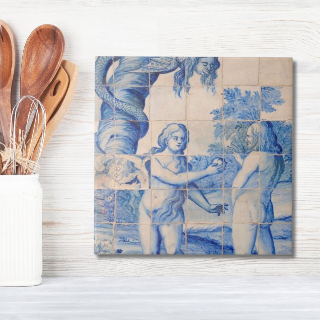 Azulejo Repro Delft Tile Adam y Eve Picturese (Repro Delft Tile Blue Adam and Eve biblical)
