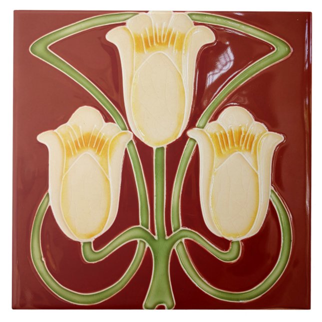 Azulejo Repro Edwardian Art Nouveau Red Tulip Floral Tile (Frente)