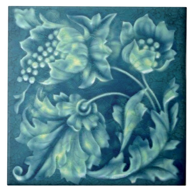 Azulejo Repro Faux Relief Peacock Aqua Majolica Floral (Frente)