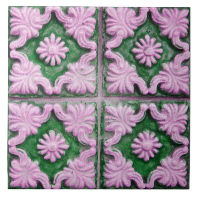 Azulejo Repro Portugal Faux Relief Green Flor Tile (Frente)