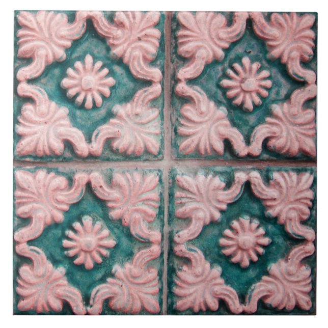 Azulejo Repro Portugal Faux Relief Red Green Flor Tile (Frente)