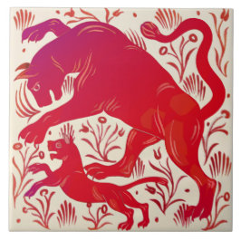 Azulejo Repro Wm De Morgan Ruby Luster Gats (Panthers?) HP