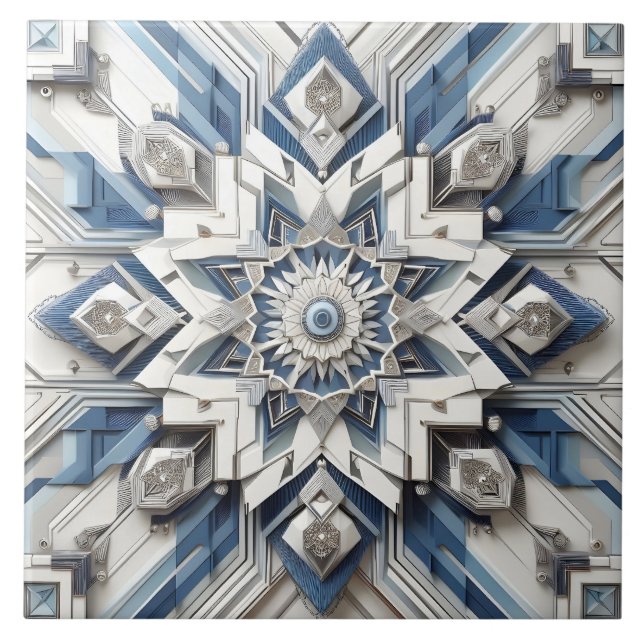 Azulejo Resumen Art Deco Todo Gris Dusto Azul Abierto Blan (Frente)