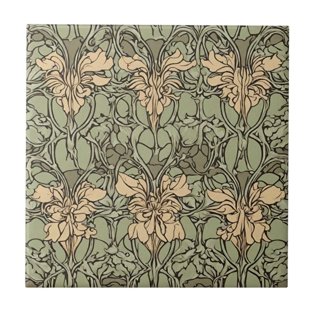 Azulejo Resumen Art Nouveau Floral Damask Green, Beige (Frente)
