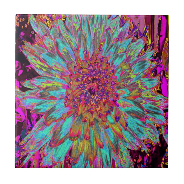 Azulejo Resumen azul Verde azulado psicodélico Dahlia deco (Frente)