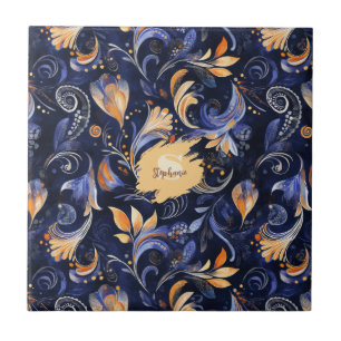 Azulejo Resumen azul y oro de hojas de Paisley