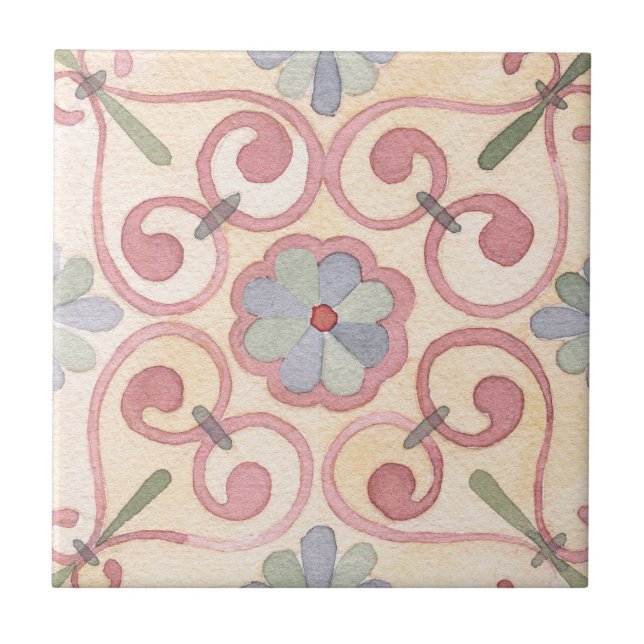 Azulejo Resumen bohemio artístico del rosa retro floral (Frente)