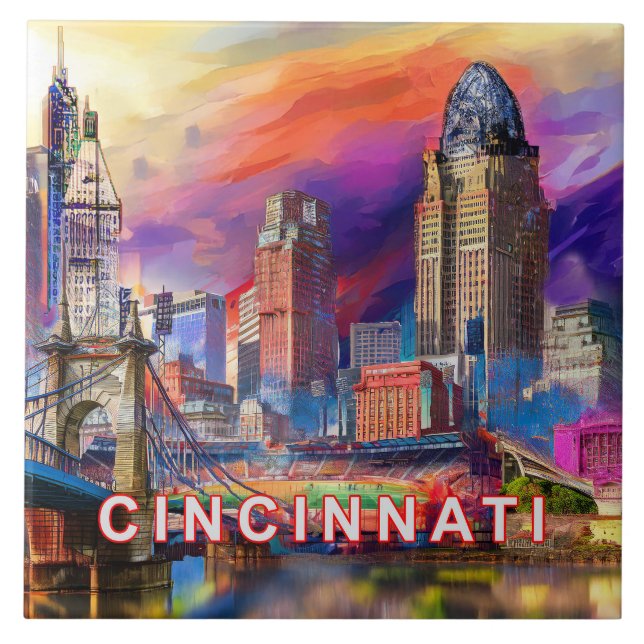 Azulejo Resumen Cincinnati Skyline Art Moderno City (Frente)