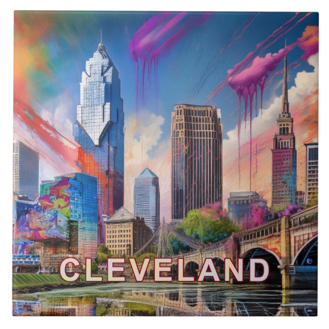 Azulejo Resumen Cleveland Skyline Art Moderno City (Frente)