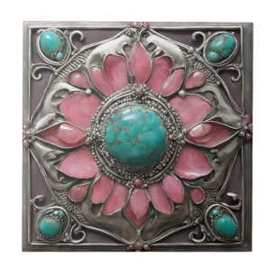 Azulejo Resumen de arte rosa rosado y azul turquesa