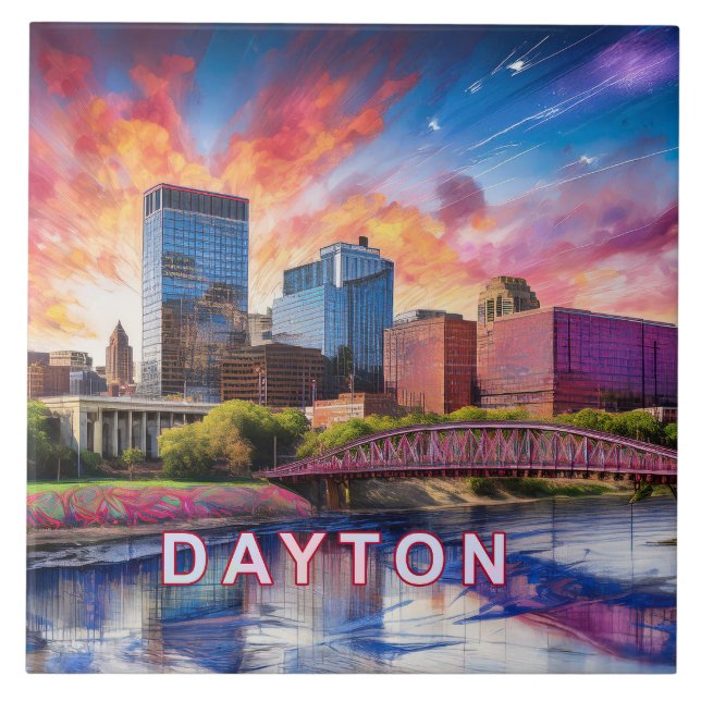 Azulejo Resumen de Dayton Skyline Art Modern City (Frente)