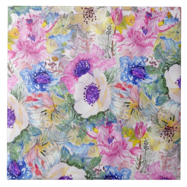 Azulejo Resumen de dibujo floral pintura de la mano acuare (Frente)