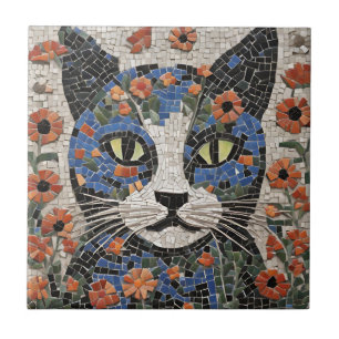 Azulejo Resumen de gato mosaico con flores