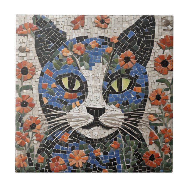 Azulejo Resumen de gato mosaico con flores (Frente)
