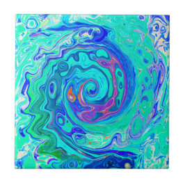 Azulejo Resumen de Groovy Ocean Blue y Green Liquid Swirl