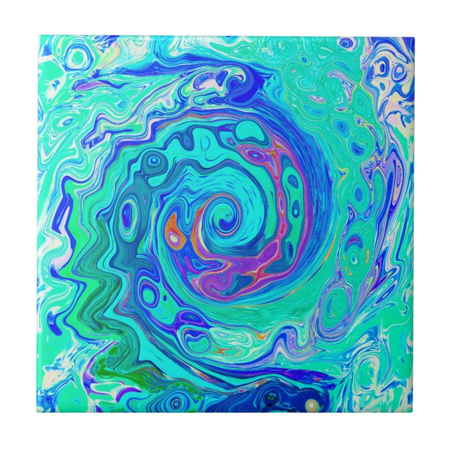 Azulejo Resumen de Groovy Ocean Blue y Green Liquid Swirl (Frente)