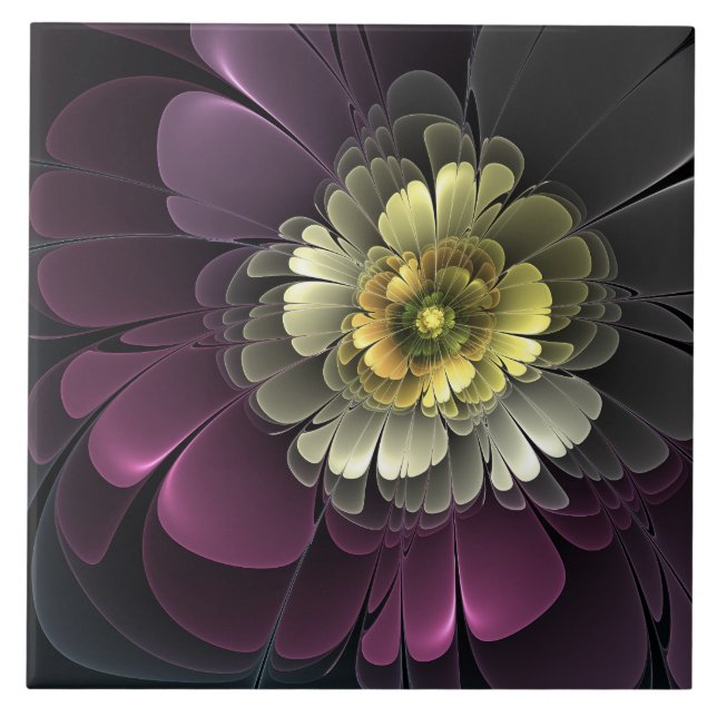Azulejo Resumen de la flor fractal gris purpur moderna (Frente)