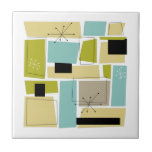 Azulejo Resumen de las plazas amarillas azules a mediados<br><div class="desc">Esta fabulosa cerámica moderna de mediados de siglo presenta rectángulos abstractos de color azul acuático,  verde aguacate,  amarillo y marrón,  además de resúmenes de starburst en blanco y negro. Añade un toque retro divertido a tu decoración de casa.</div>