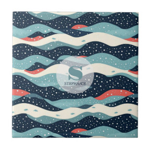 Azulejo Resumen de líneas onduladas con puntos de copo de 