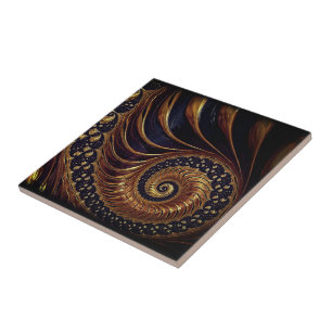 Azulejo Resumen de mosaico de cerámica fractal negro dorad
