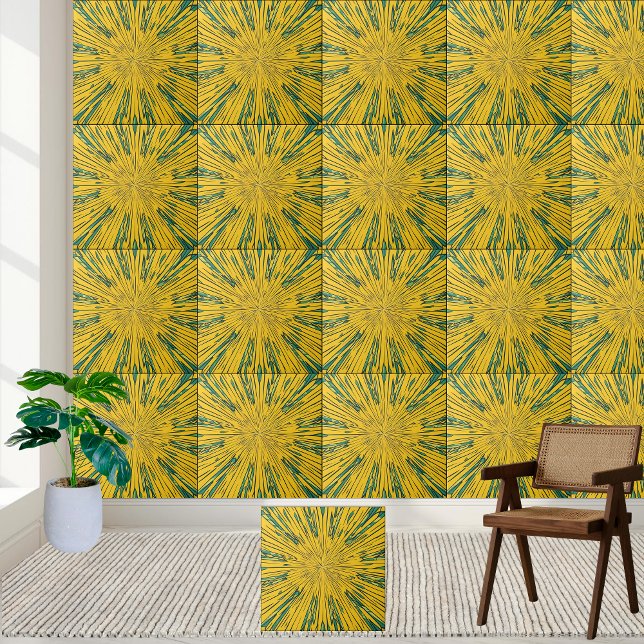 Azulejo Resumen de mosaico de cerámica verde y amarillo co (Abstract Sunburst Yellow and Green Ceramic Tile)