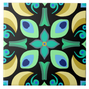Azulejo Resumen de mosaico verde azulado con fondo negro