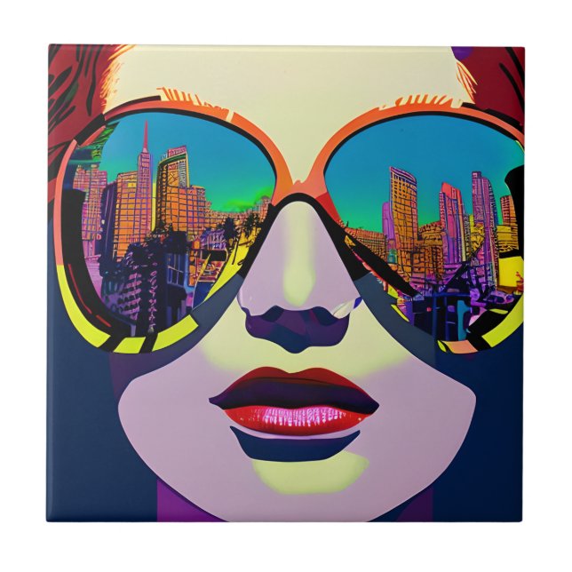 Azulejo Resumen de mujer con gafas de sol con reflexión en (Frente)