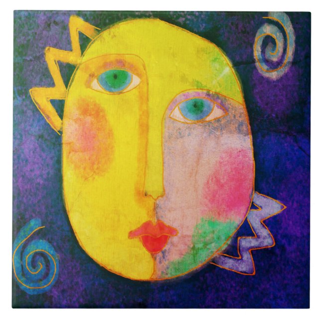 Azulejo Resumen de pintura digital de Sun Face (Frente)