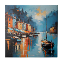 Resumen del puerto impresionista al atardecer