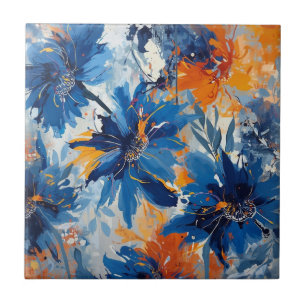 Azulejo Resumen en floral azul y naranja
