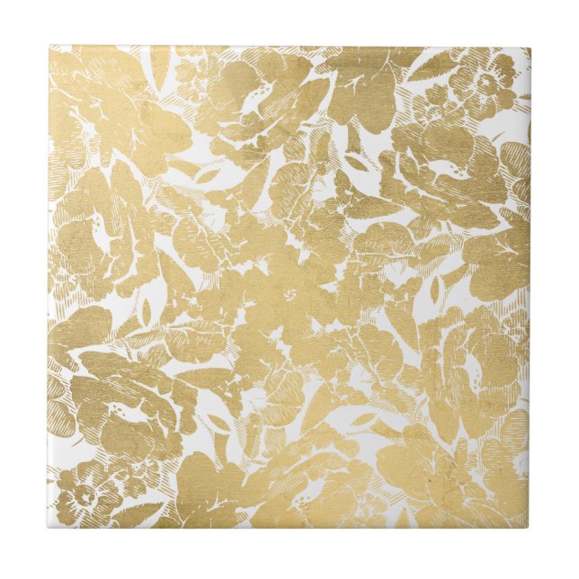 Azulejo Resumen Faux Gold Patrón Floral Cerámica Tile (Frente)
