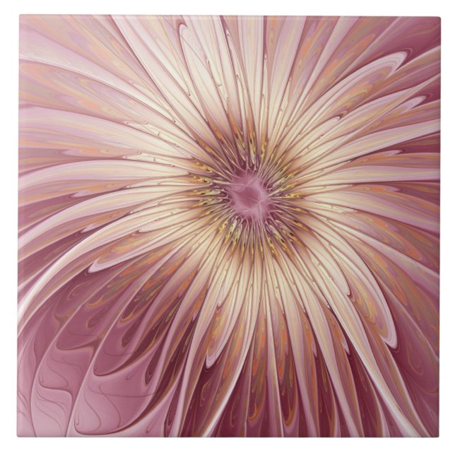 Azulejo Resumen Flor Arte Fractal y tonos de Borgoña (Frente)