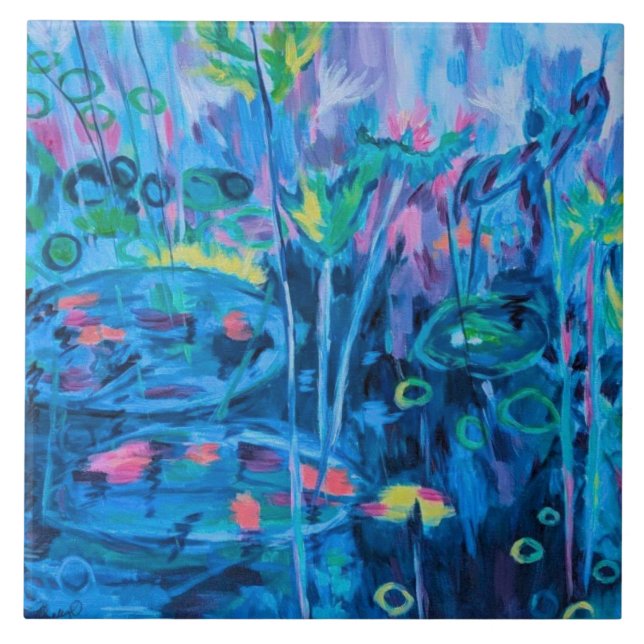 Azulejo Resumen floral de la naturaleza azul (Frente)