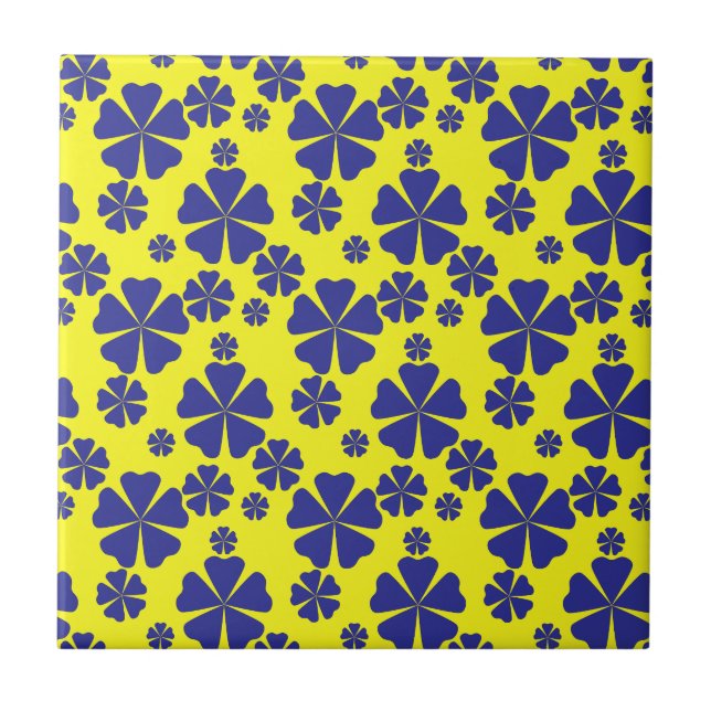 Azulejo Resumen Floral Retro Azul Sobre Patrón Amarillo (Frente)