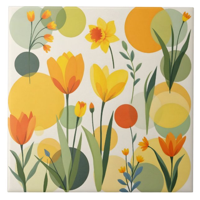 Azulejo Resumen Flores De Primavera Amarilla Tile Cerámico (Frente)