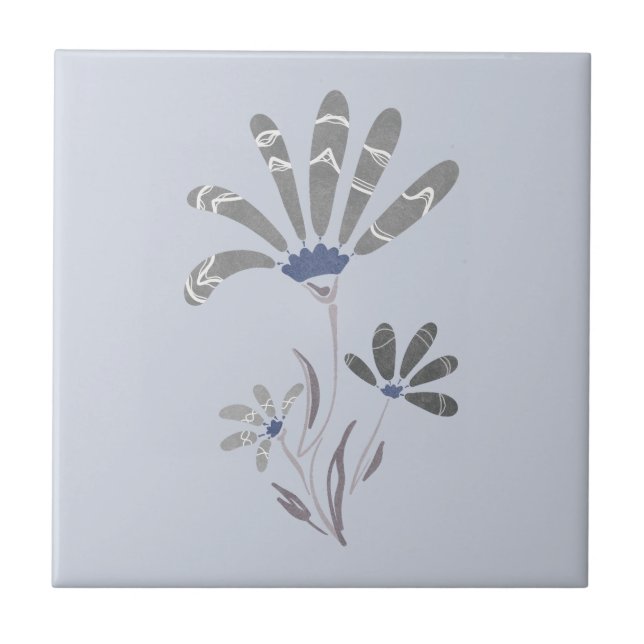 Azulejo Resumen Flores psicodélicas en escala de grises (Frente)