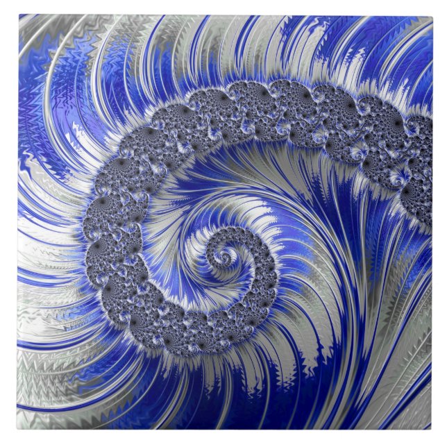 Azulejo Resumen fractal espiral azul y blanco (Frente)