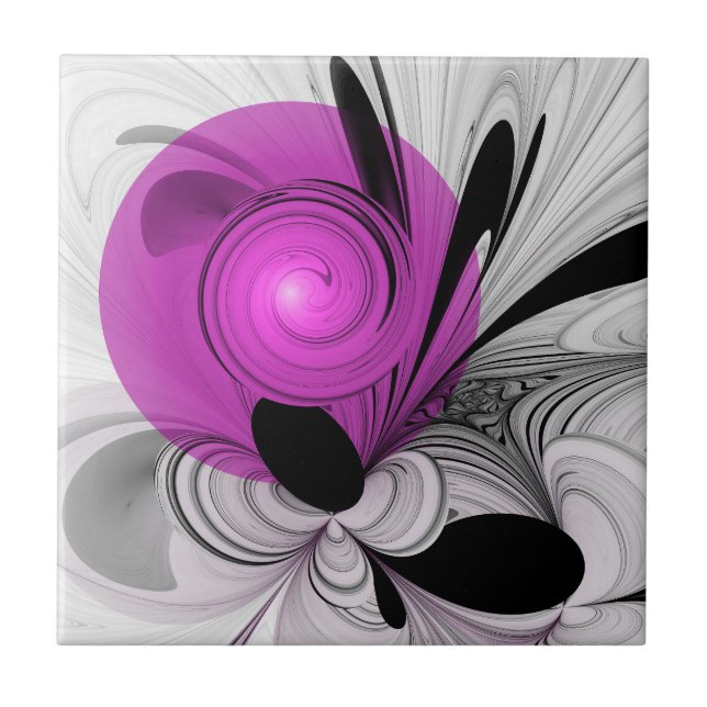 Azulejo Resumen Gris Negro Con Arte Fractal Magenta (Frente)