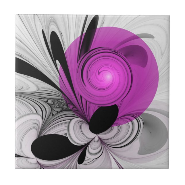 Azulejo Resumen Gris Negro Con Arte Fractal Magenta (Frente)