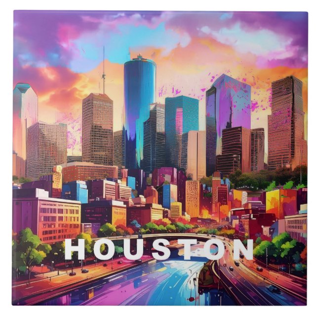 Azulejo Resumen Houston Skyline Art Moderno Cityscape (Frente)