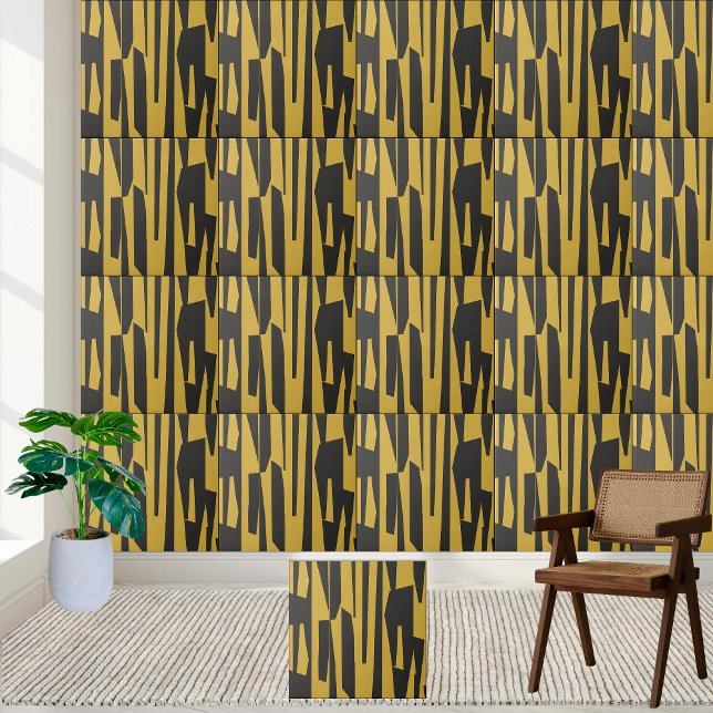 Azulejo Resumen moderno amarillo y geométrico negro (Modern Abstract Yellow and Black Geometric Ceramic Tile)