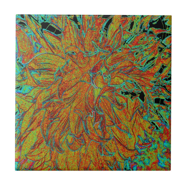 Azulejo Resumen Naranja quemado y el florecimiento verde d (Frente)